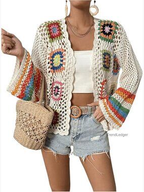Floral Crochet Cardigan Hollow Out Open Front Long Sleeve Sweater